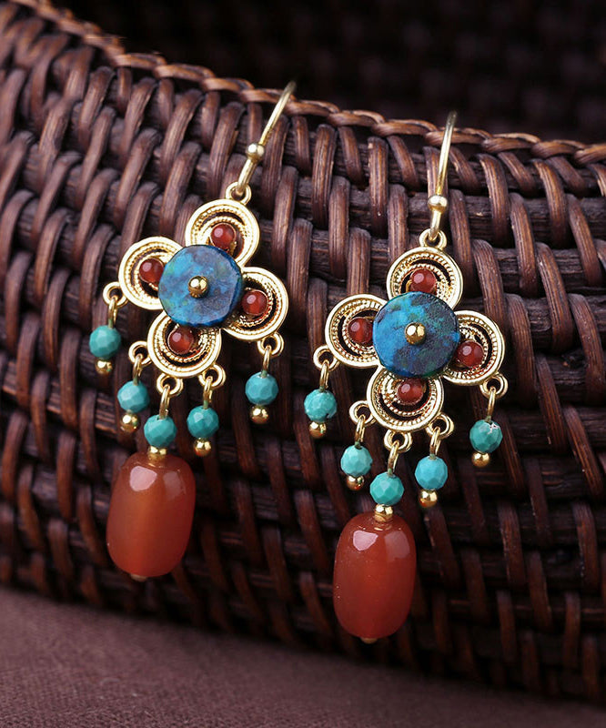 Chinese Style Red Sterling Silver Overgild Agate Turquoise Drop Earrings