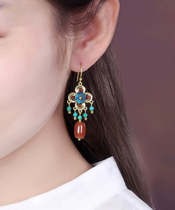Chinese Style Red Sterling Silver Overgild Agate Turquoise Drop Earrings