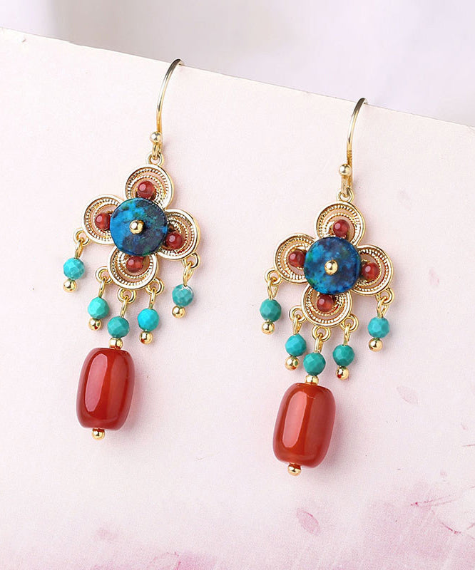Chinese Style Red Sterling Silver Overgild Agate Turquoise Drop Earrings