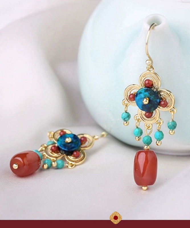 Chinese Style Red Sterling Silver Overgild Agate Turquoise Drop Earrings