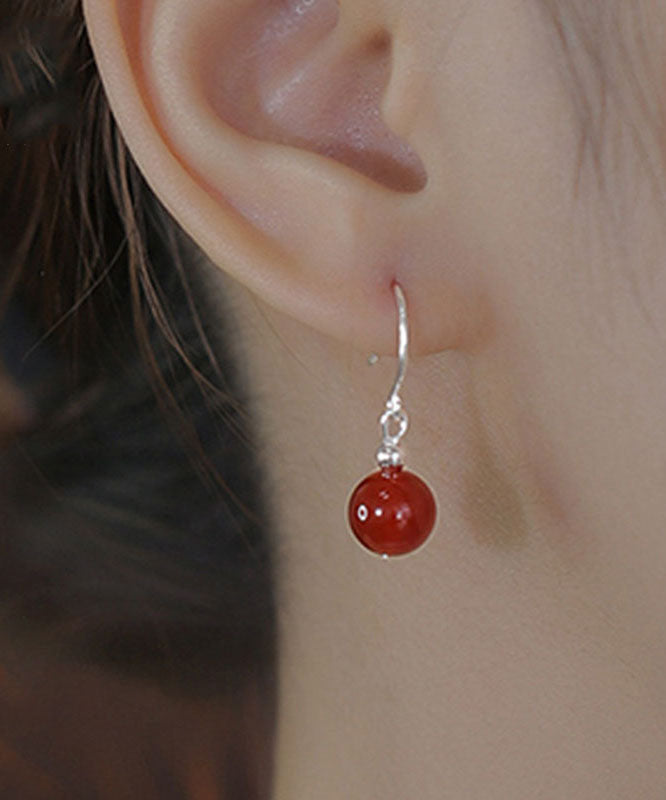 Chinese Style Red Sterling Silver Overgild Jade Drop Earrings