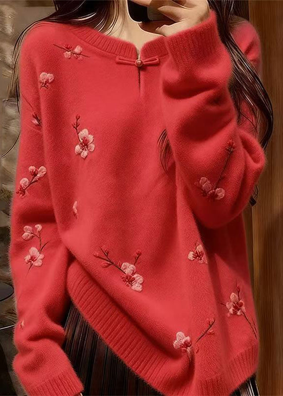 Chinese Style Rose Print Cozy Knit Sweater Spring