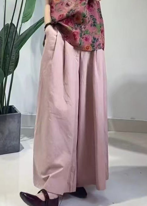 Chinese Style Rose Print Tops And Pink Pockets Pants Cotton Two Piece Set Sleeveless