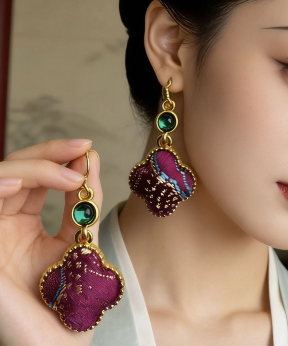 Chinese Style Royal Blue Sterling Silver Overgild Four-Leaf Clover Drop Earrings