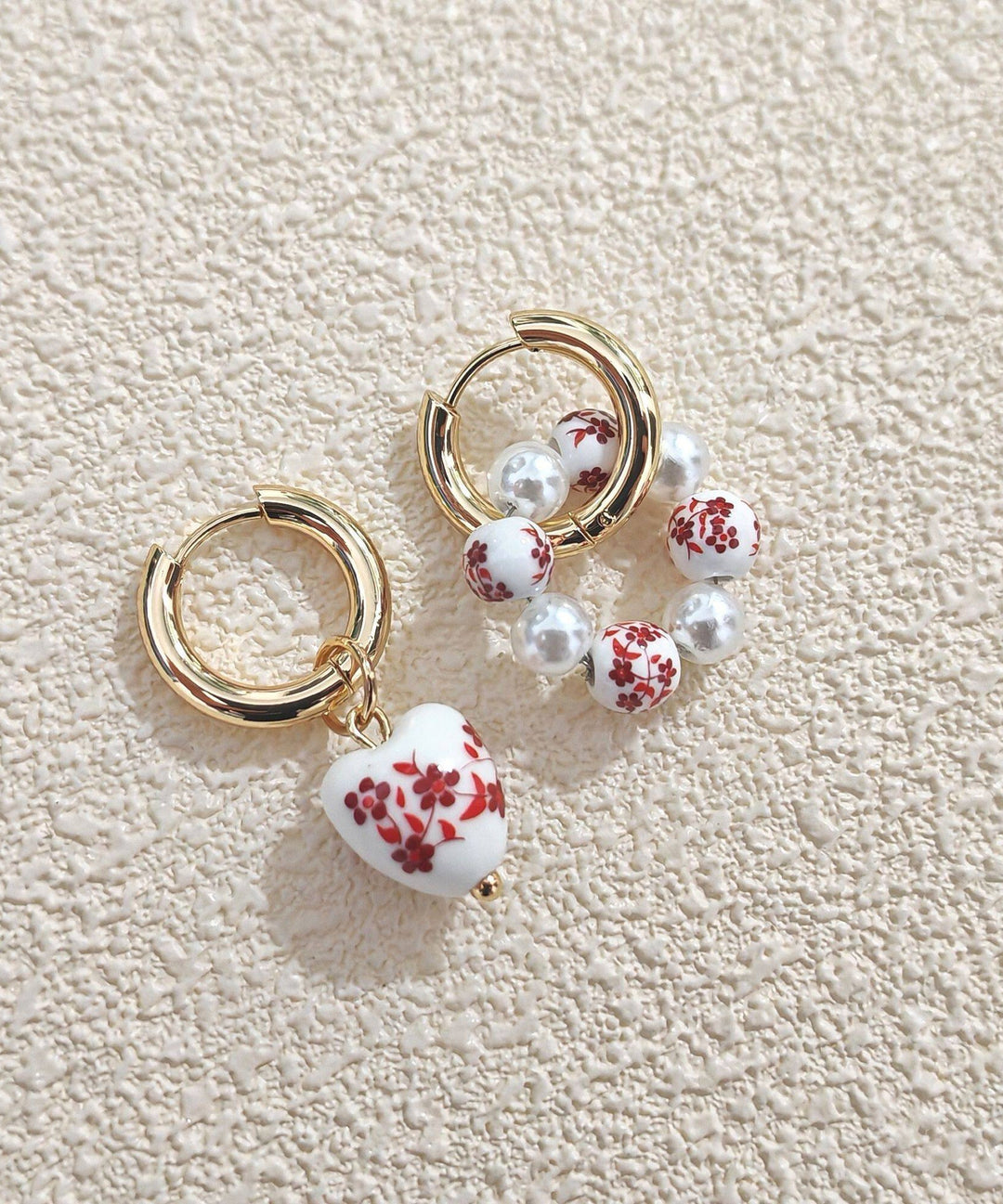 Chinese Style Silk Blue Stainless Steel Heart-Shaped Ceramics Asymmetrica Hoop Earrings