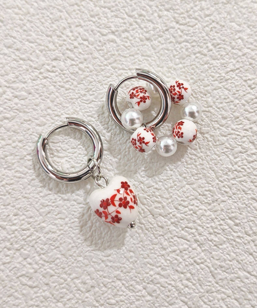 Chinese Style Silk Blue Stainless Steel Heart-Shaped Ceramics Asymmetrica Hoop Earrings
