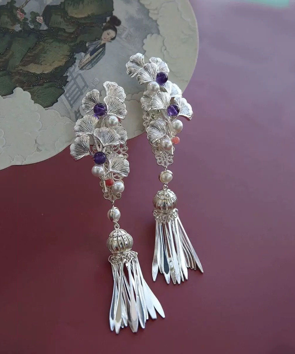 Chinese Style Silk Copper Pearl Ginkgo Leaf Tassel Drop Earrings