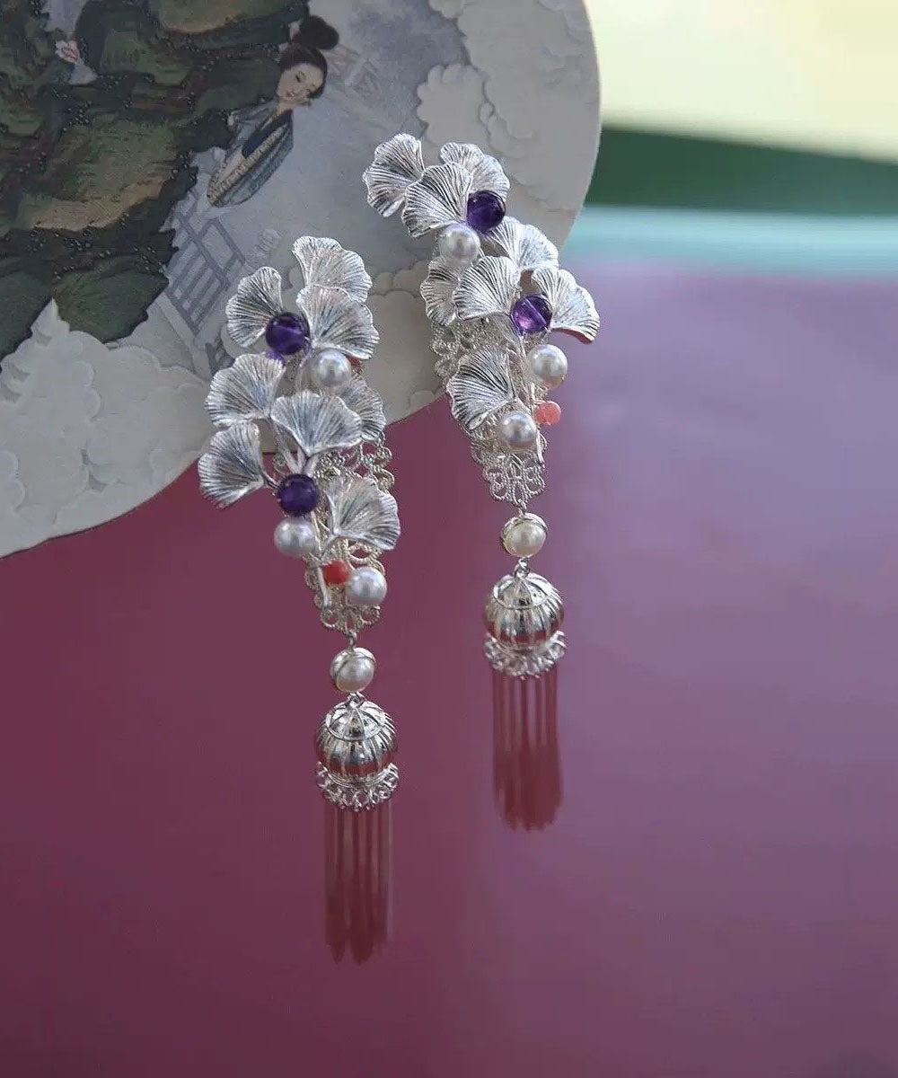 Chinese Style Silk Copper Pearl Ginkgo Leaf Tassel Drop Earrings