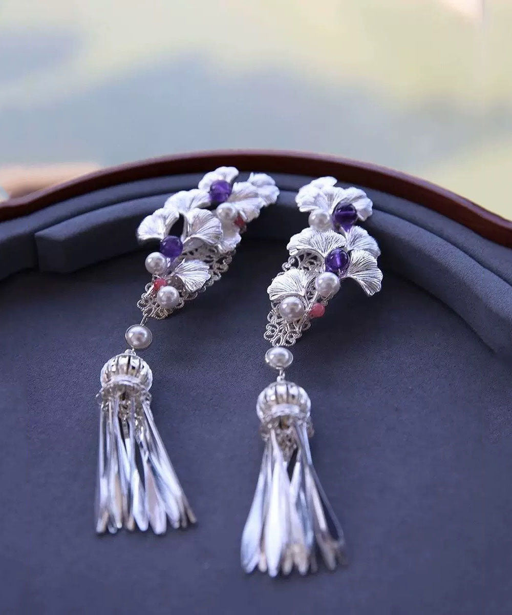 Chinese Style Silk Copper Pearl Ginkgo Leaf Tassel Drop Earrings