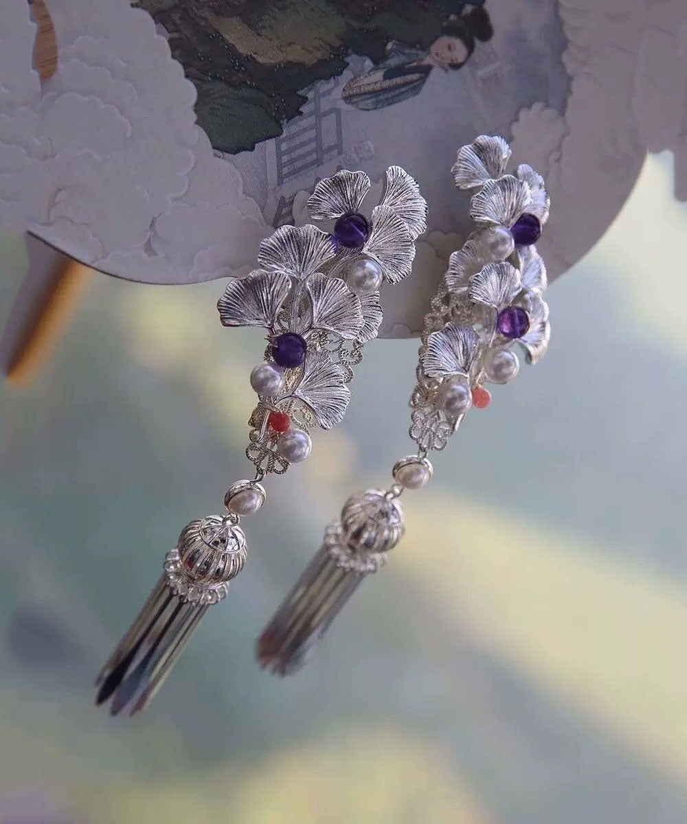 Chinese Style Silk Copper Pearl Ginkgo Leaf Tassel Drop Earrings