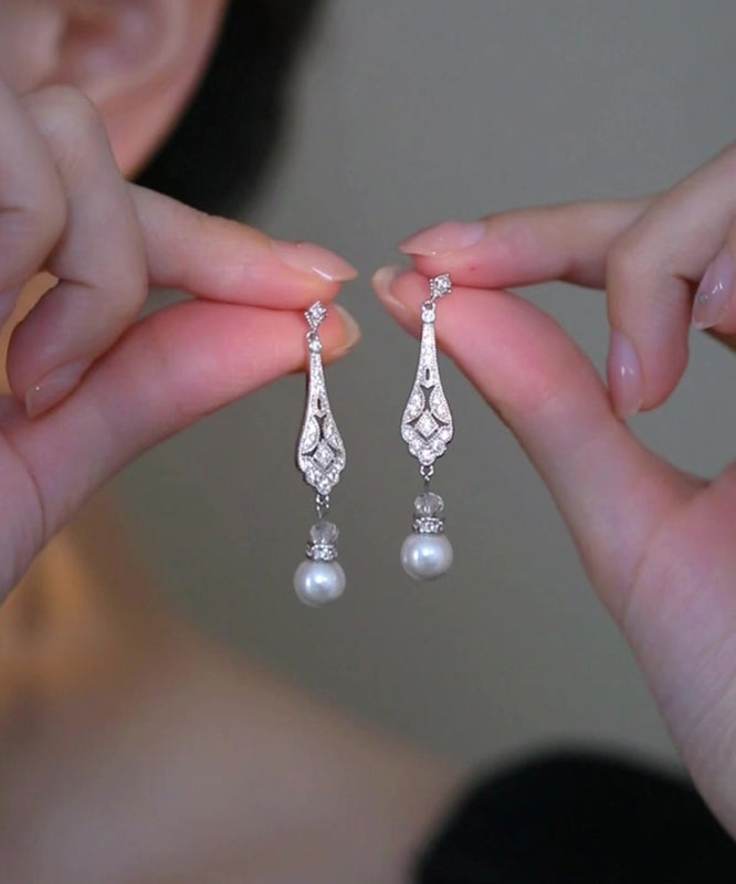 Chinese Style Silk Copper Zircon Pearl Drop Earrings