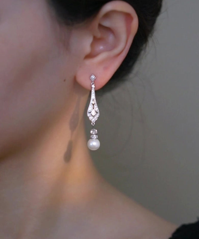 Chinese Style Silk Copper Zircon Pearl Drop Earrings