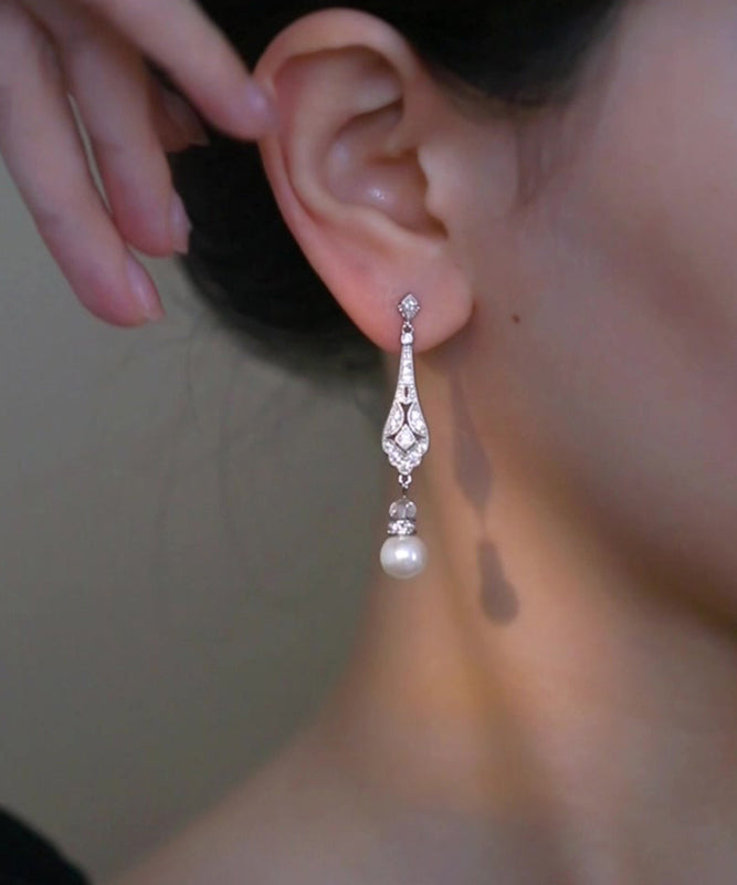 Chinese Style Silk Copper Zircon Pearl Drop Earrings