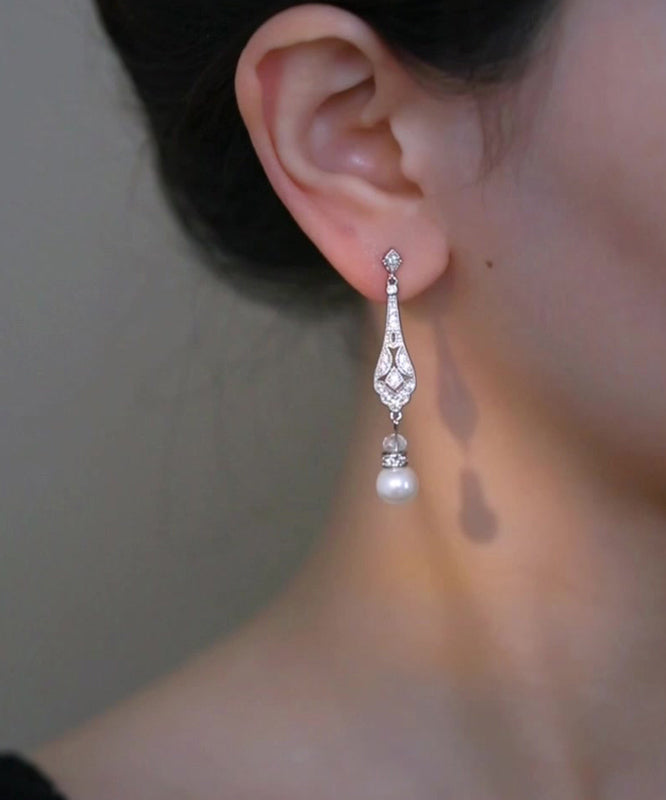 Chinese Style Silk Copper Zircon Pearl Drop Earrings