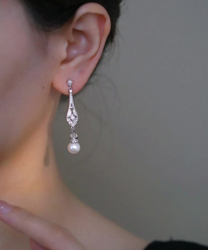 Chinese Style Silk Copper Zircon Pearl Drop Earrings