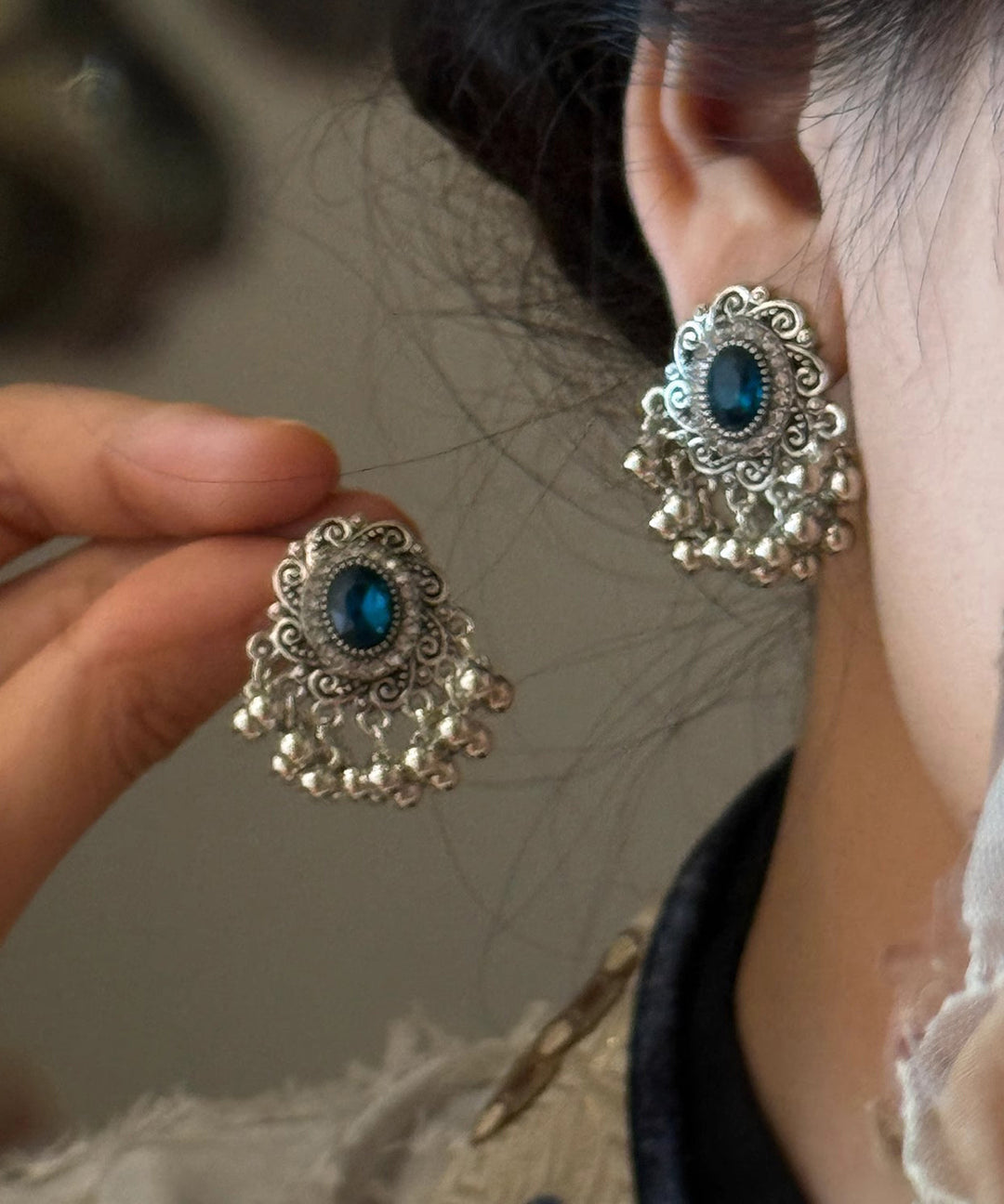 Chinese Style Silk Sterling Silver Gem Stone Pearl Stud Earrings