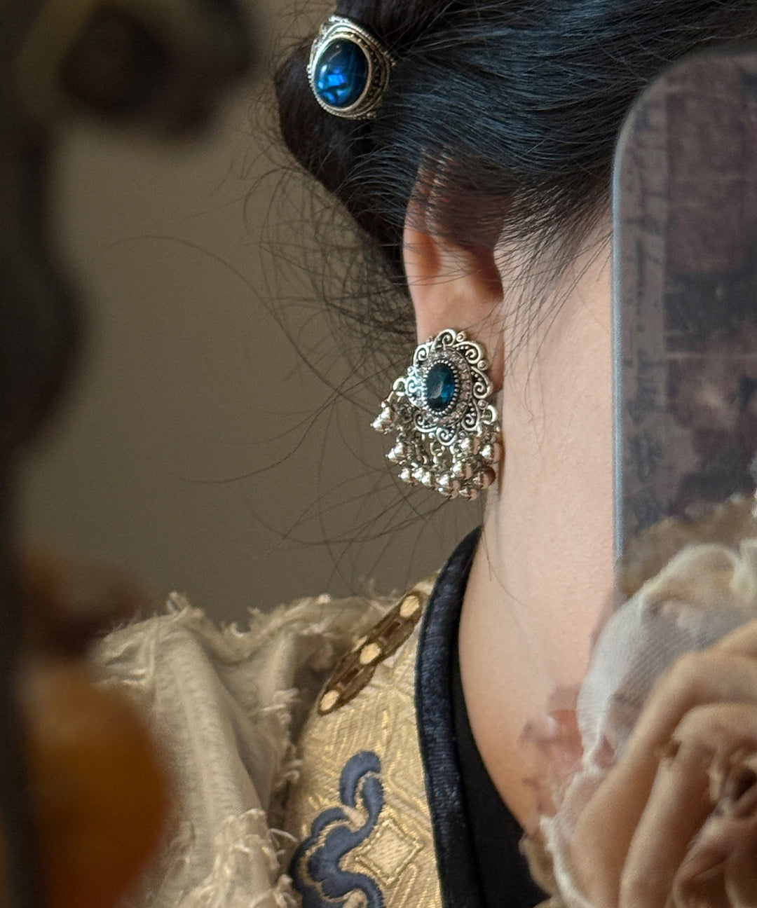 Chinese Style Silk Sterling Silver Gem Stone Pearl Stud Earrings