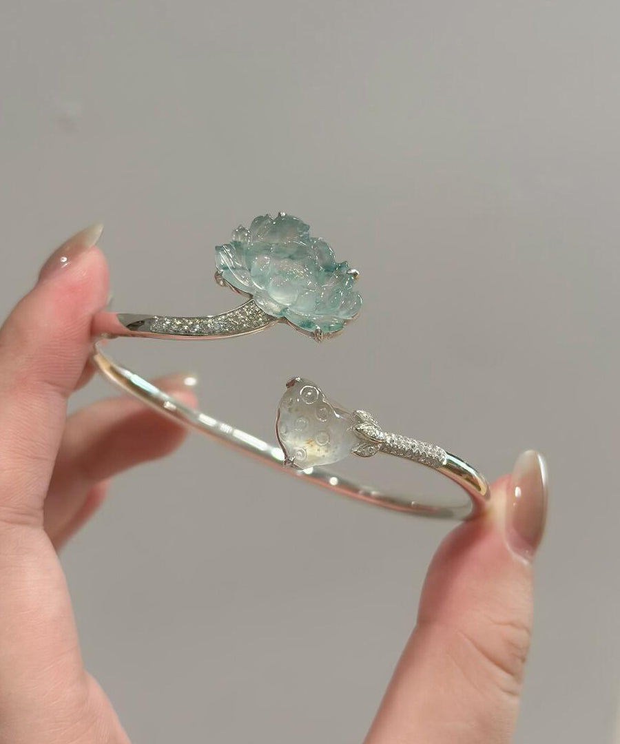 Chinese Style Silk Sterling Silver Jade Lotus Cuff
