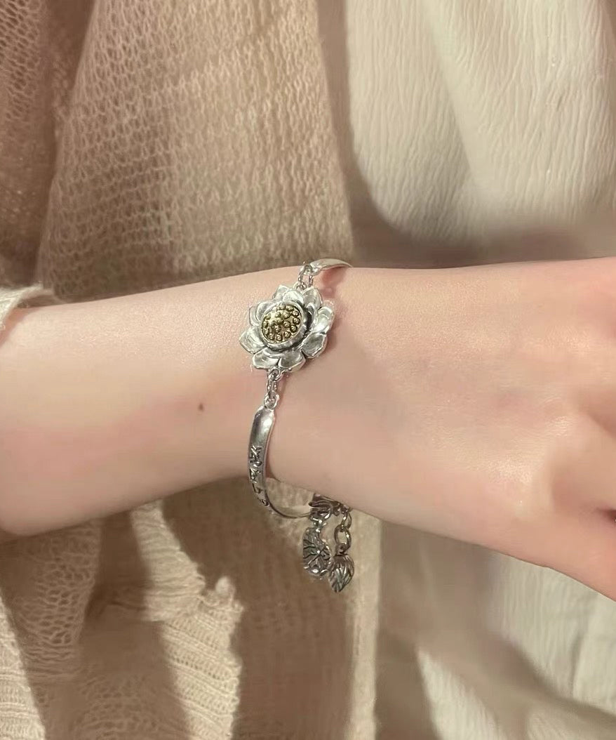 Chinese Style Silk Sterling Silver Lotus Rotatable Charm Bracelet