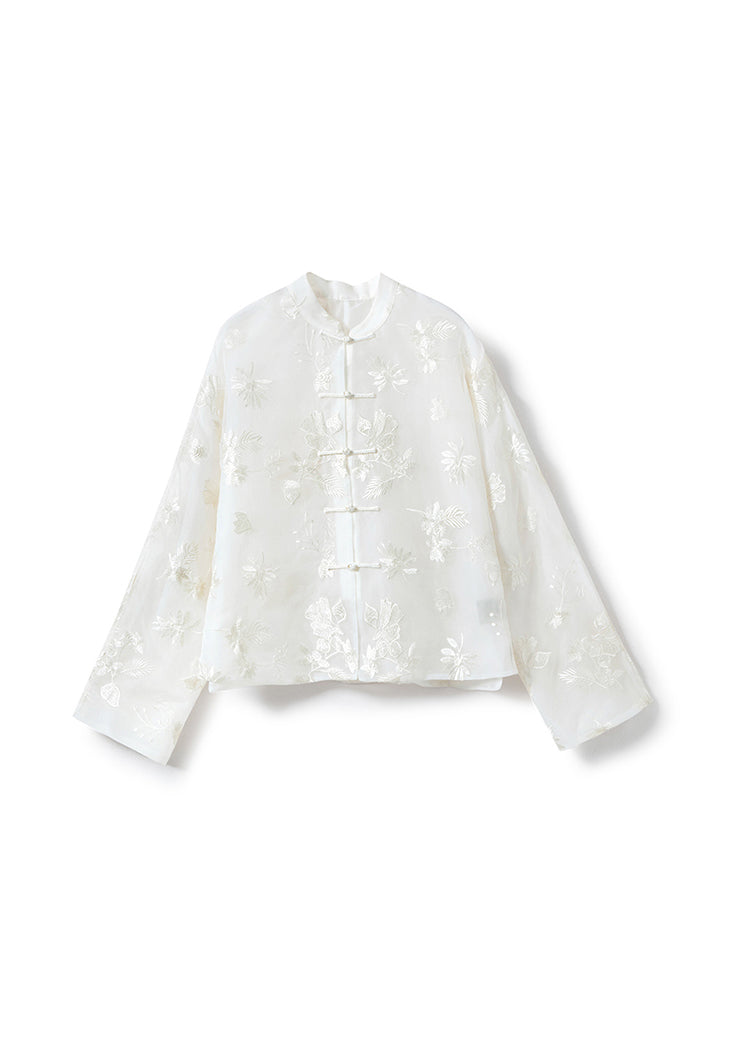 Chinese Style Stand Collar Embroidered Oriental Button Silk Shirts Fall