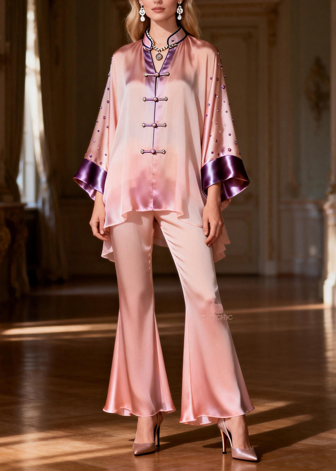 Chinese Style Stand Collar Nail Bead Silk Two Pieces Set Spring