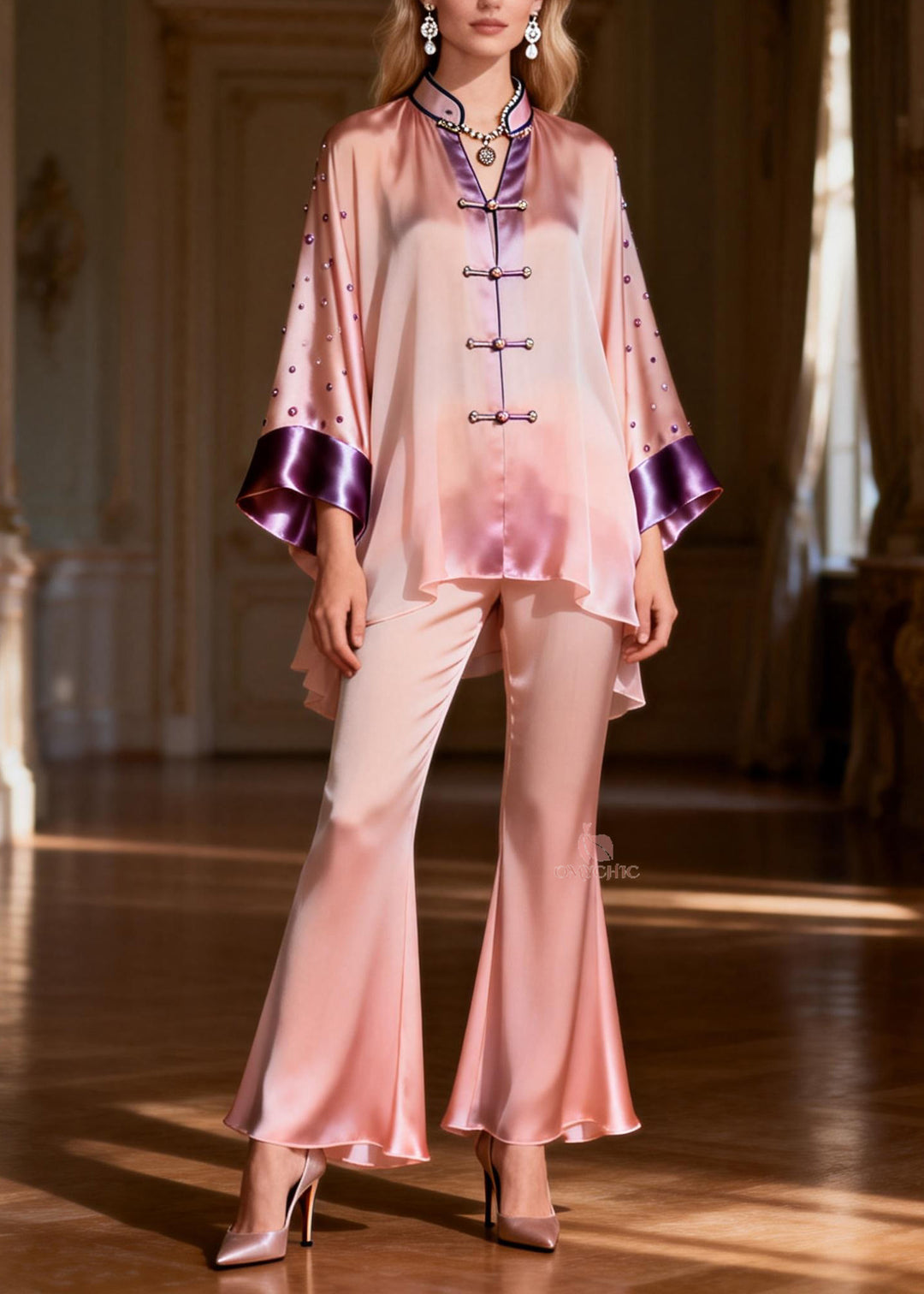 Chinese Style Stand Collar Nail Bead Silk Two Pieces Set Spring