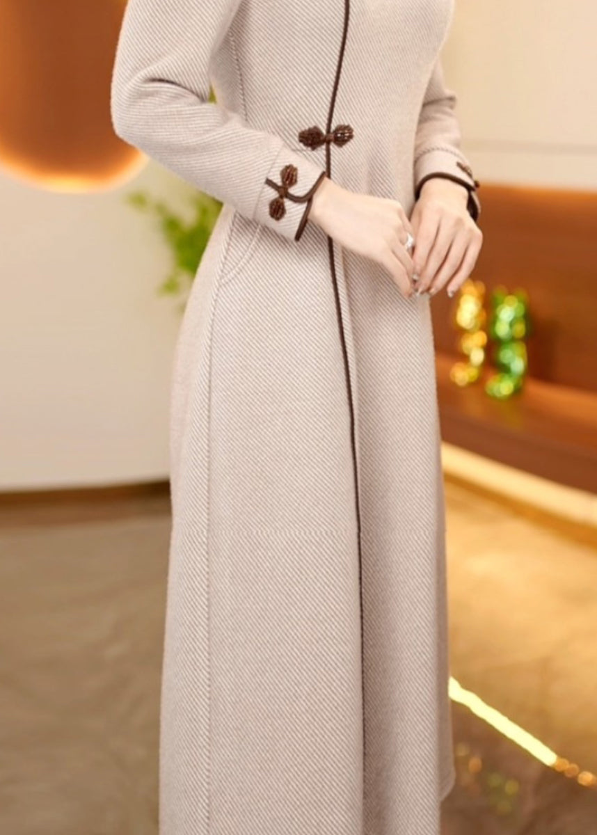 Chinese Style Stand Collar Oriental Button Cotton Long Dress Spring