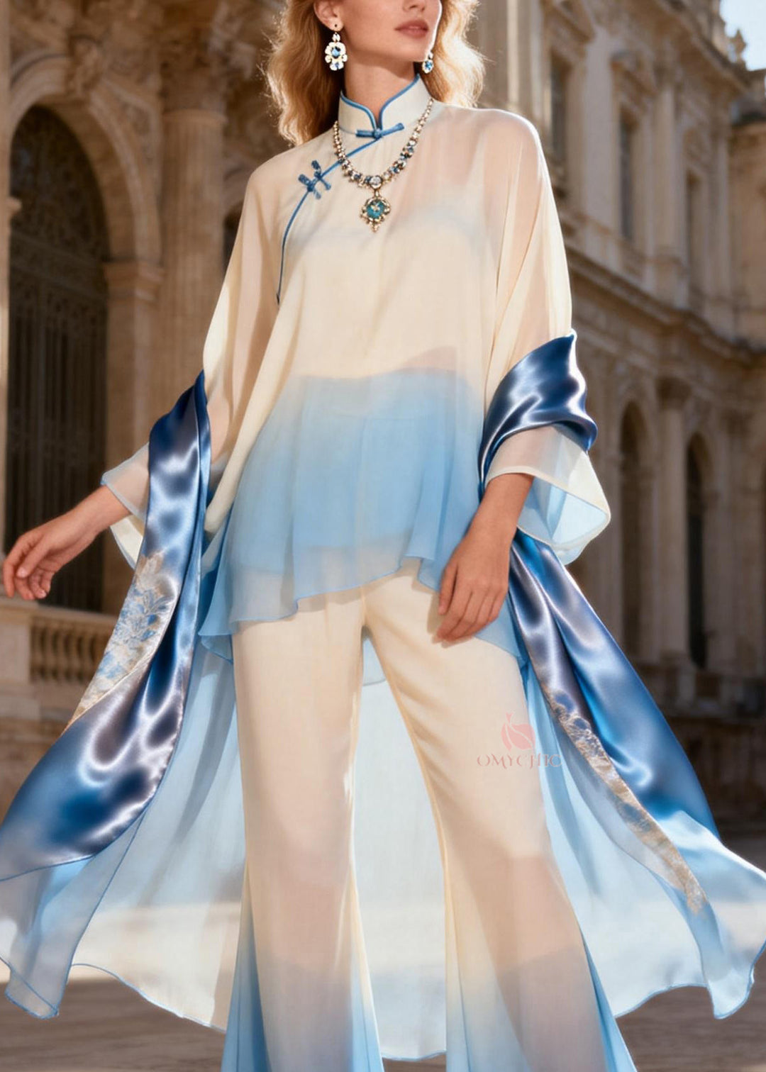 Chinese Style Stand Collar Oriental Button Silk Two Pieces Set Spring