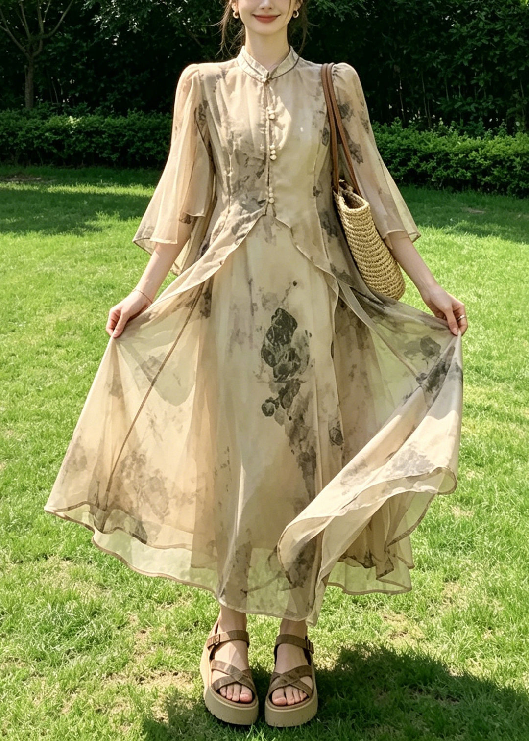 Chinese Style Stand Collar Print Cardigans And Maxi Spaghetti Strap Two Pieces Set Summer