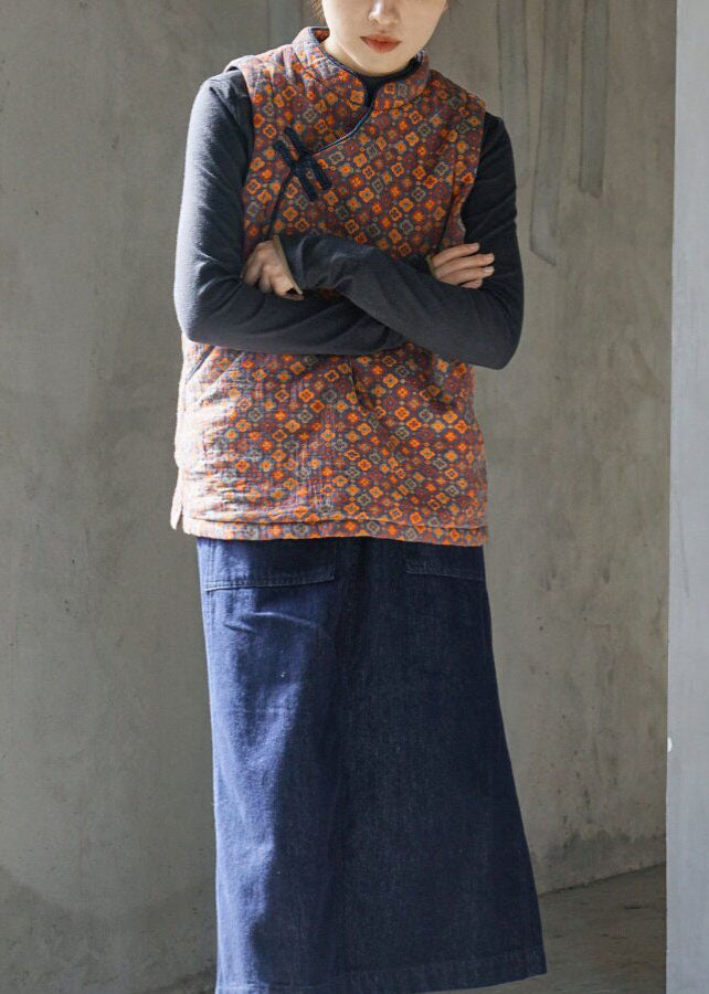 Chinese Style Stand Collar Print Fine Cotton Filled Vest Winter