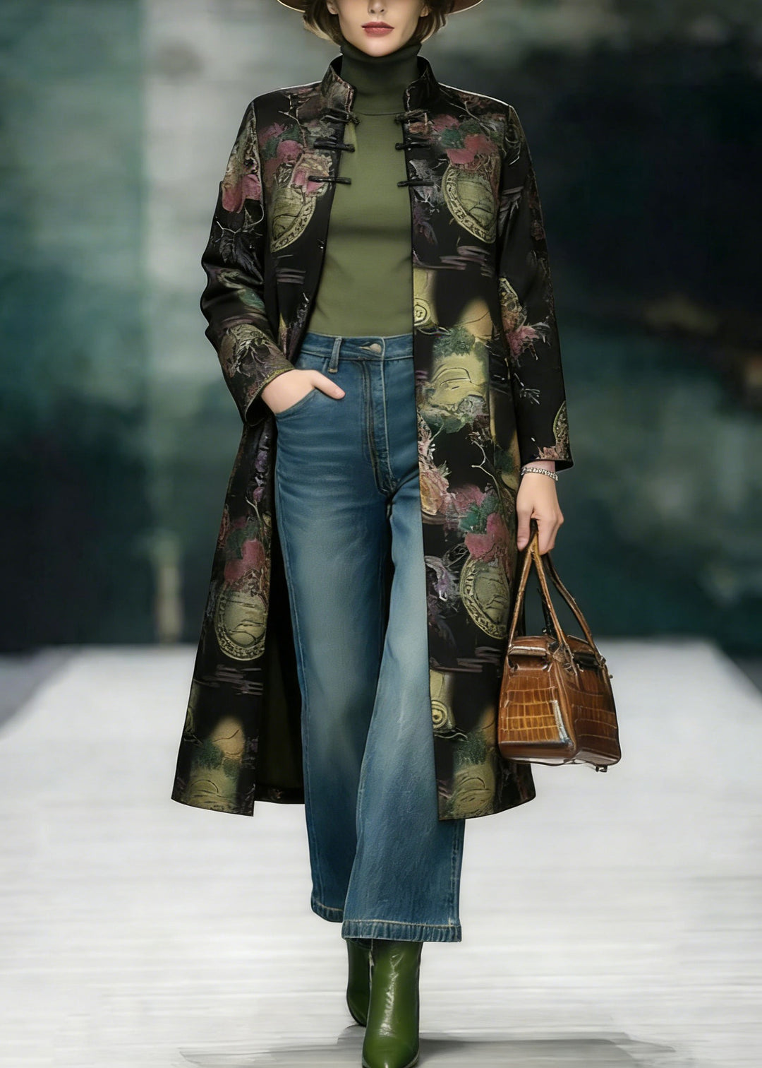 Chinese Style Stand Collar Print Oriental Button Cotton Coats Spring