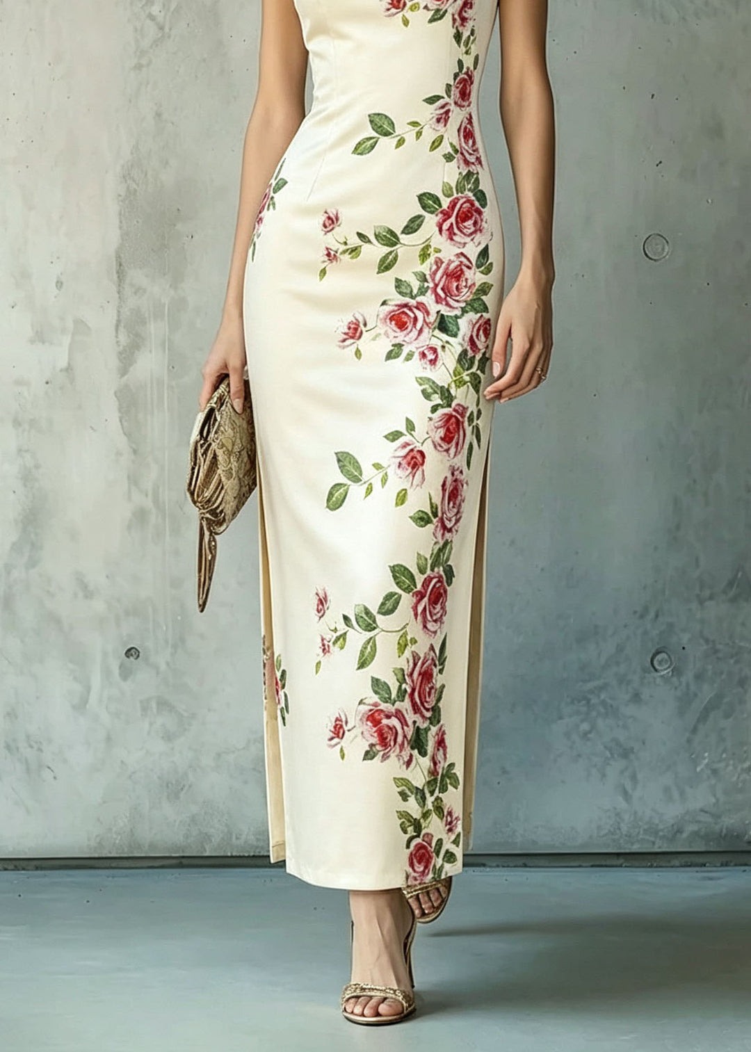 Chinese Style Stand Collar Print Side Open Cotton Dresses Summer