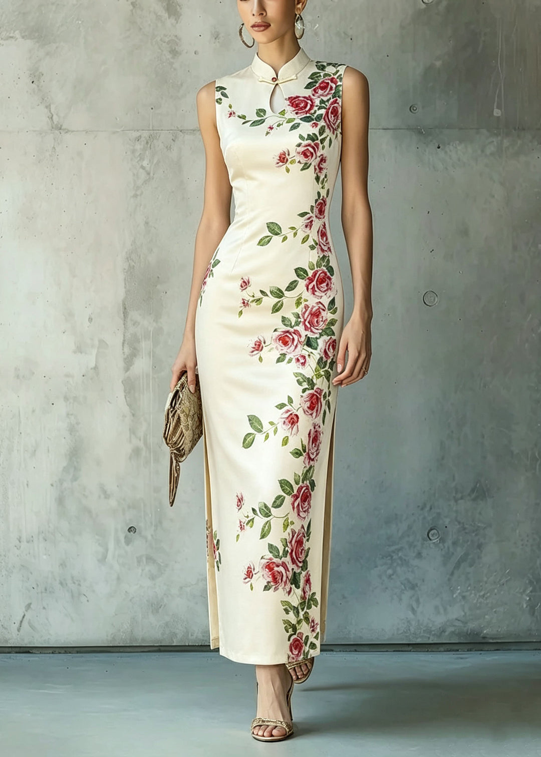 Chinese Style Stand Collar Print Side Open Cotton Dresses Summer