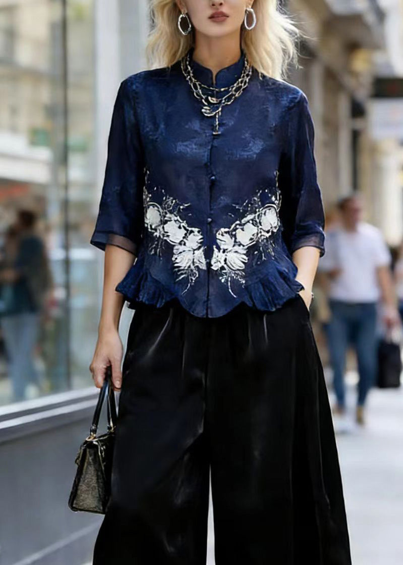Chinese Style Stand Collar Ruffled Silk Two Pieces Set Summer
