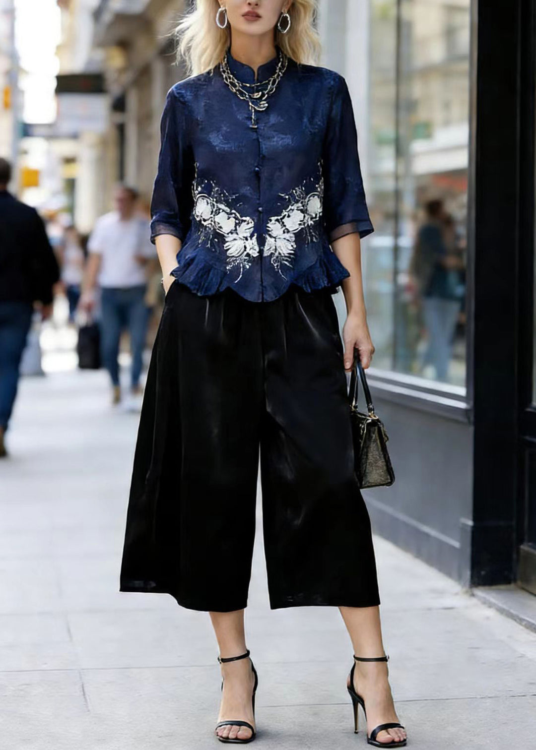Chinese Style Stand Collar Ruffled Silk Two Pieces Set Summer