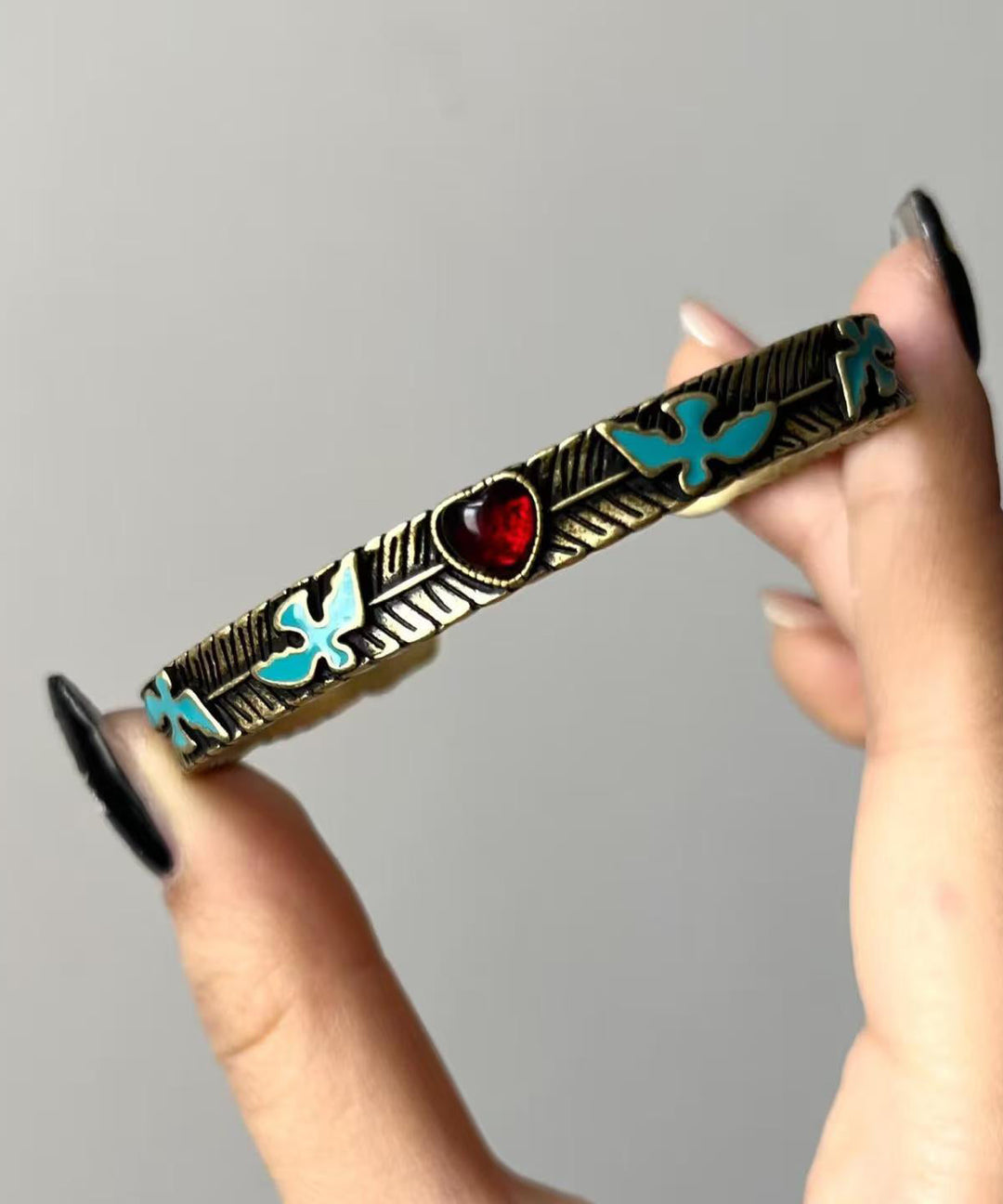 Chinese Style Sterling Silver Gem Stone Flying Bird Cuff