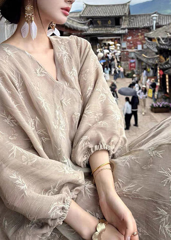 Chinese Style V Neck Print Maxi Dresses Lantern Sleeve