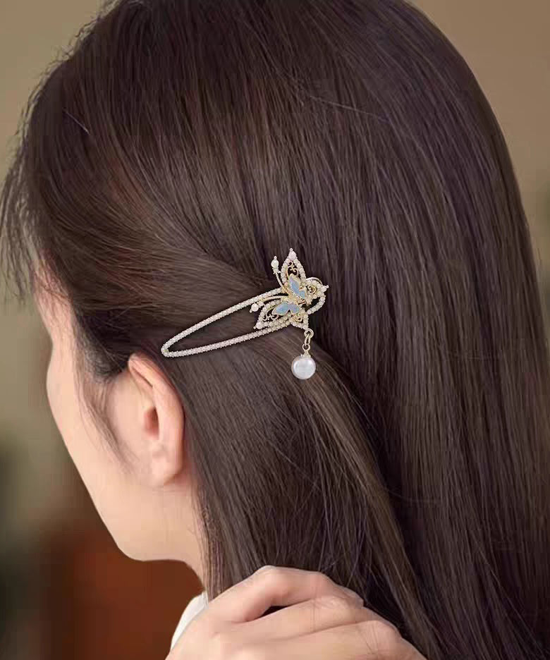 Chinese Style White Alloy Butterfly Pearl Tassel Hairpin