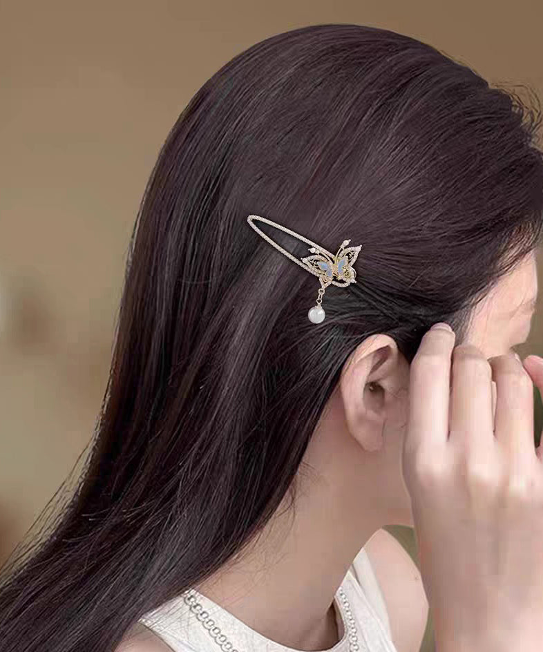 Chinese Style White Alloy Butterfly Pearl Tassel Hairpin