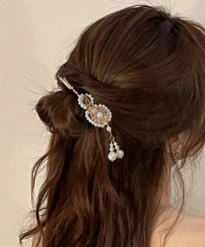 Chinese Style White Alloy Pearl Calabash Tassel Hairpin - Omychic