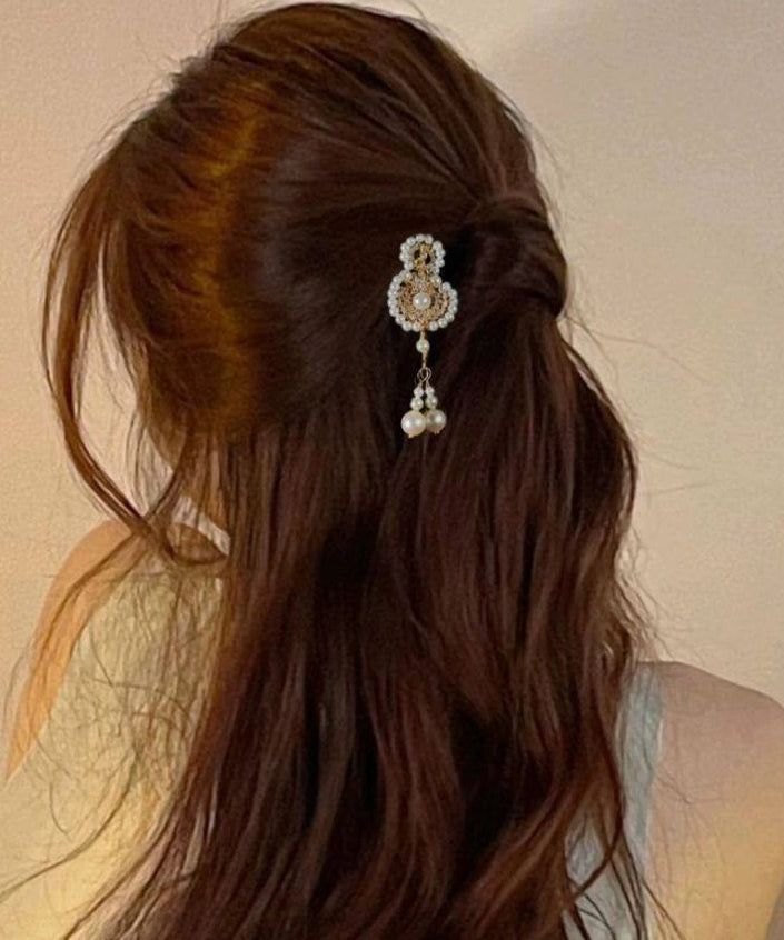 Chinese Style White Alloy Pearl Calabash Tassel Hairpin - Omychic