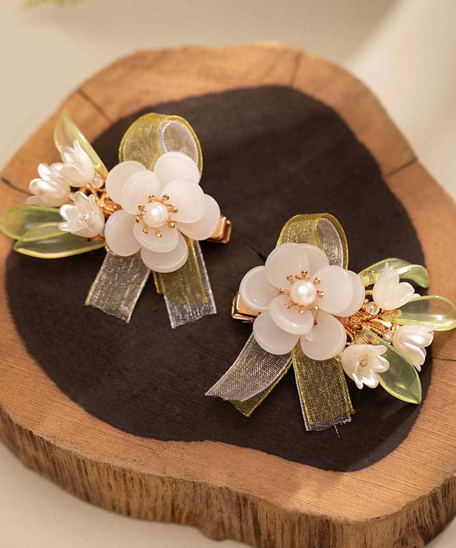 Chinese Style White Alloy Pearl Colored Glaze Floral Chiffon Ribbon Hairpin