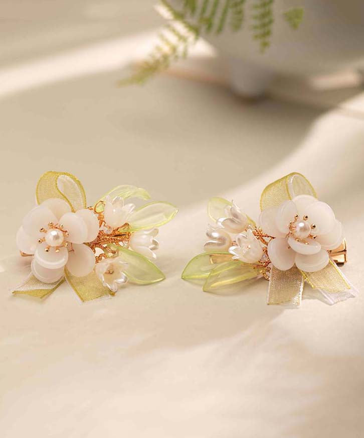 Chinese Style White Alloy Pearl Colored Glaze Floral Chiffon Ribbon Hairpin