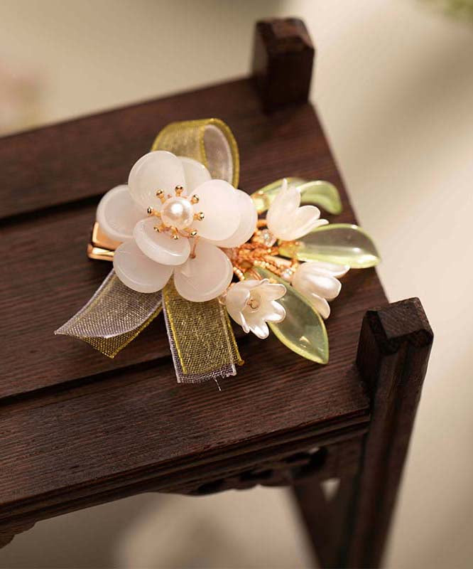 Chinese Style White Alloy Pearl Colored Glaze Floral Chiffon Ribbon Hairpin
