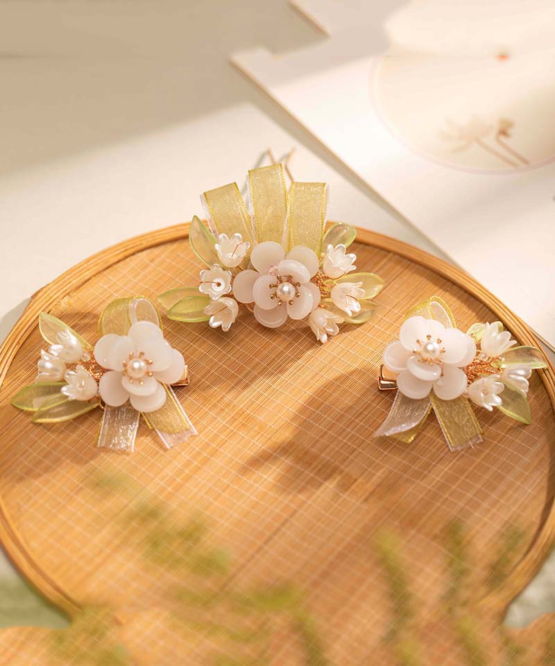 Chinese Style White Alloy Pearl Colored Glaze Floral Chiffon Ribbon Hairpin