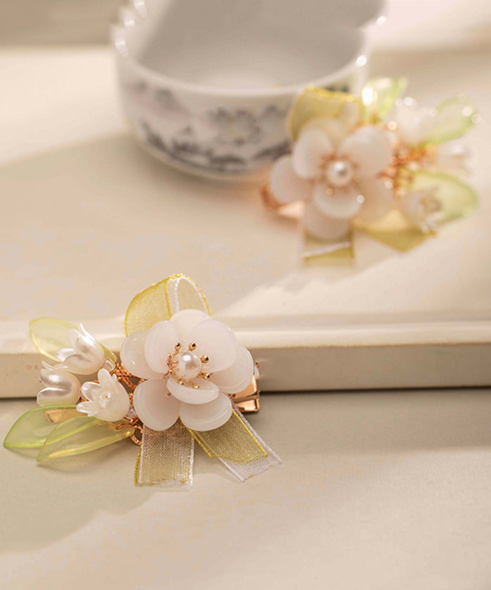 Chinese Style White Alloy Pearl Colored Glaze Floral Chiffon Ribbon Hairpin