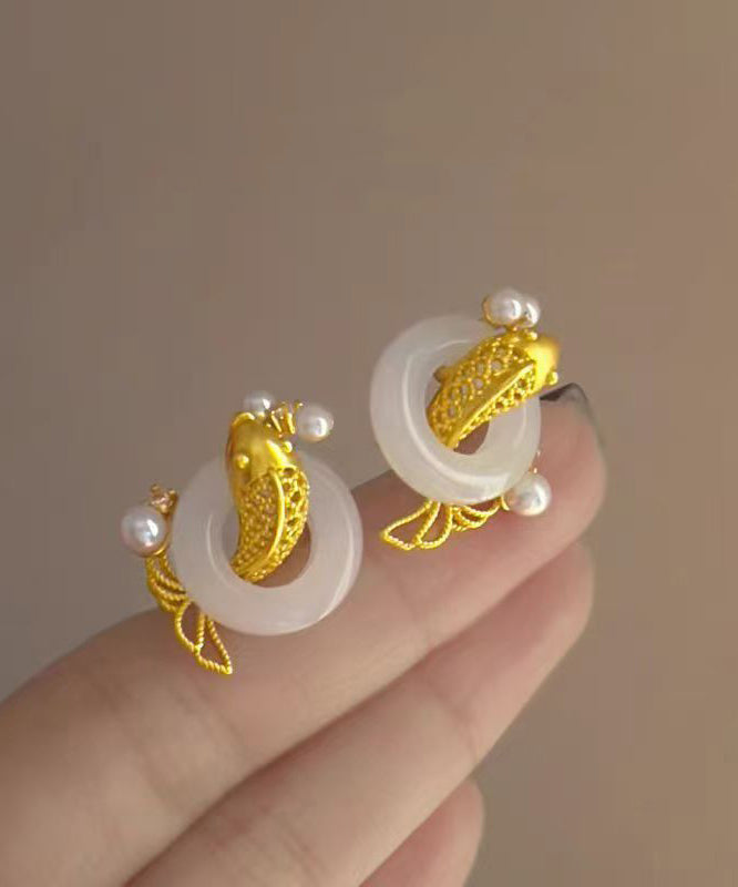 Chinese Style White Copper Overgild Jade Pearl Koi Fish Hoop Earrings