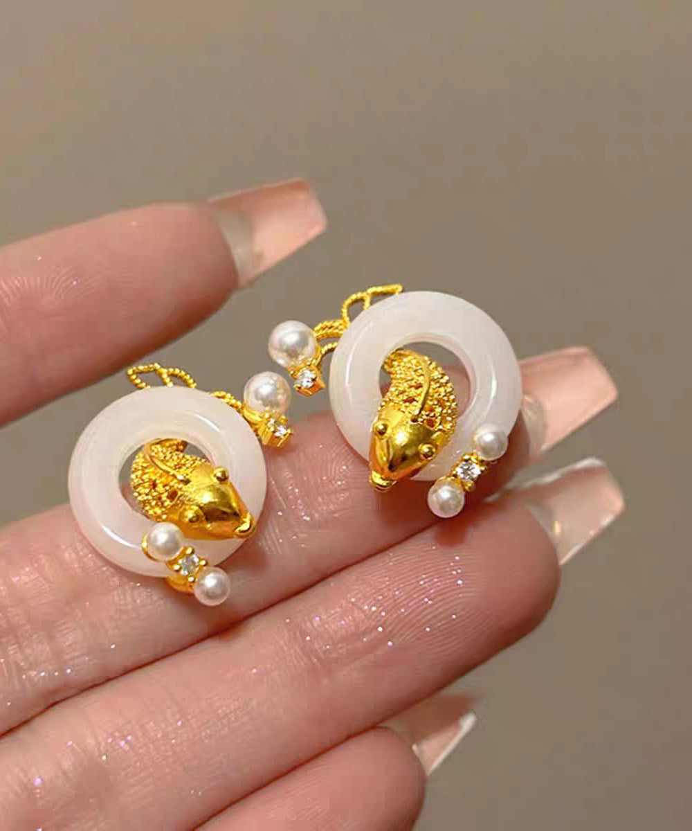 Chinese Style White Copper Overgild Jade Pearl Koi Fish Hoop Earrings