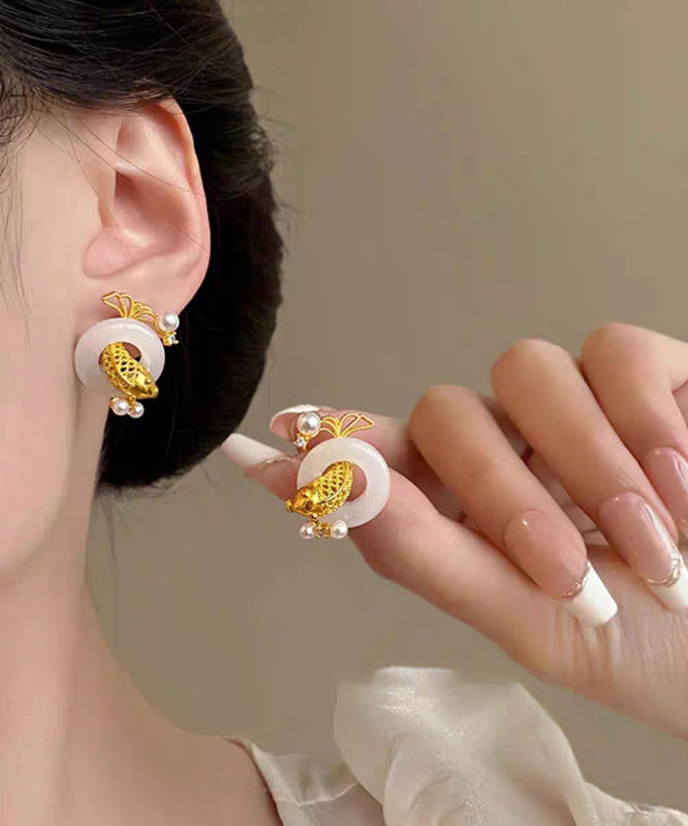 Chinese Style White Copper Overgild Jade Pearl Koi Fish Hoop Earrings