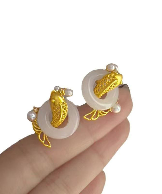 Chinese Style White Copper Overgild Jade Pearl Koi Fish Hoop Earrings